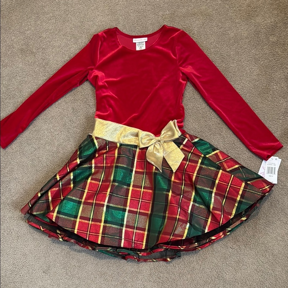 Bonnie Jean Red Velvet Top with Gold Bow and Plaid Skirt